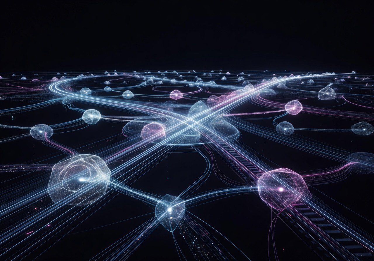 Abstract rendering of illuminated train tracks and network nodes at night, representing data flow