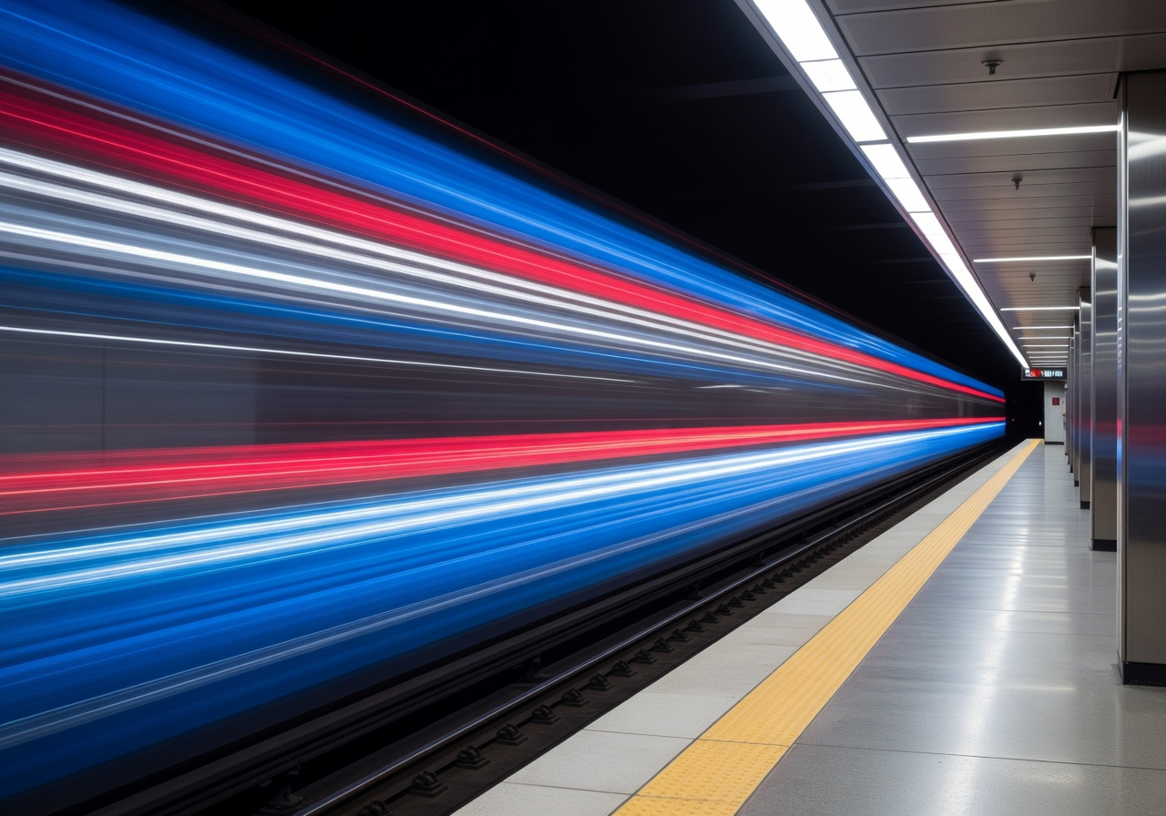 Long exposure of a subway train arriving at a station, representing dynamic headway and speed optimization
