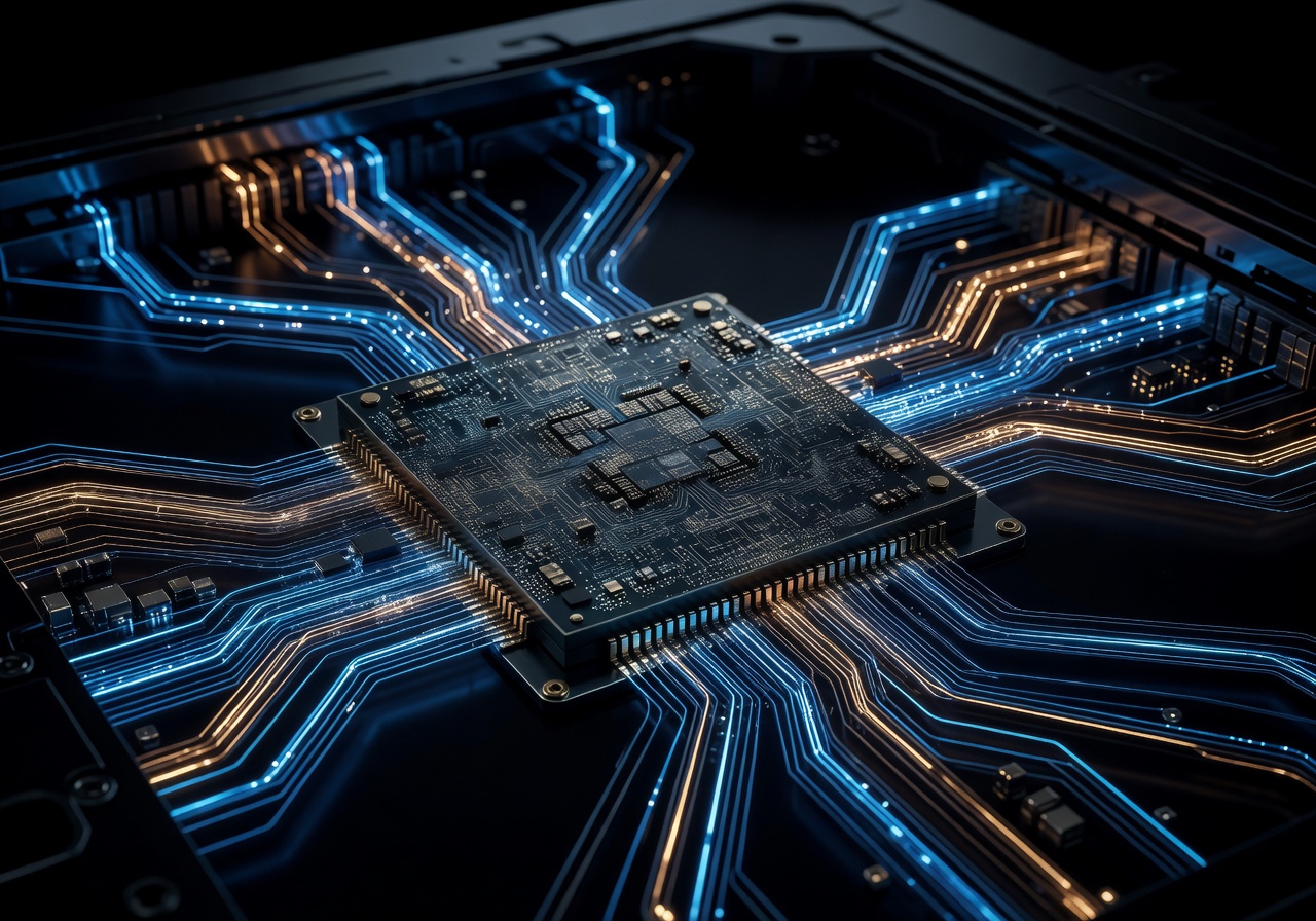 Microchip and glowing data lines representing the core processing power of the LumenRail AI engine