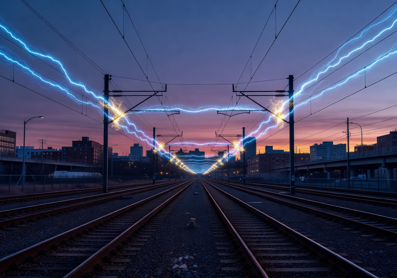 Urban train tracks at twilight, demonstrating energy flow and electrical grid synchronization